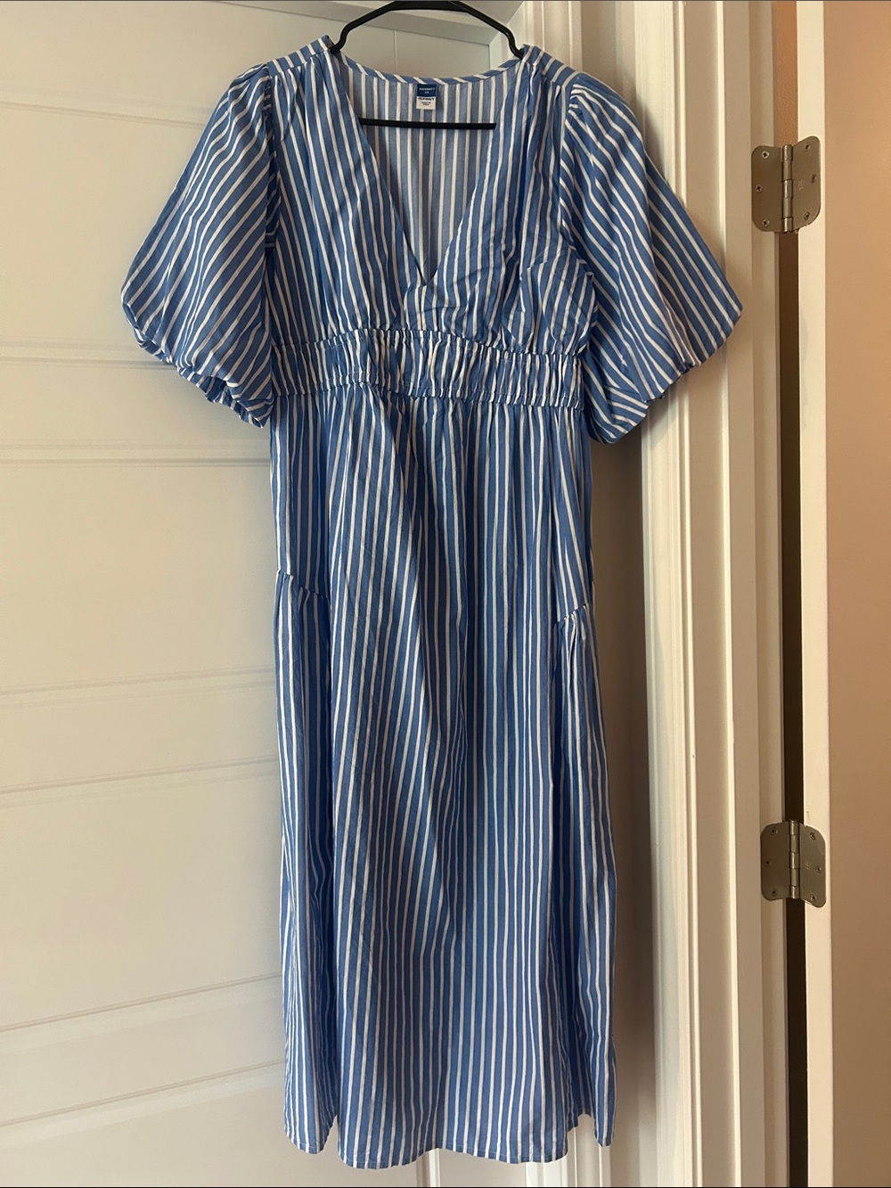 Old Navy Blue & White Vertical Stripe Puff Sleeve Dress